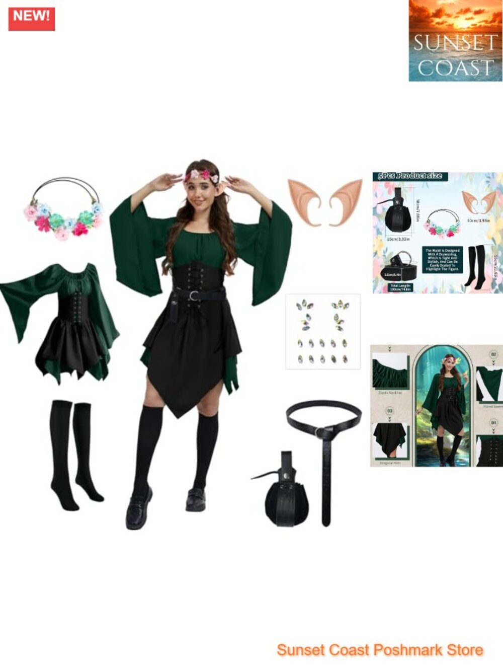 Women Renaissance Fairy Costume 7PC Medieval Elf Dress Halloween Cosplay Set